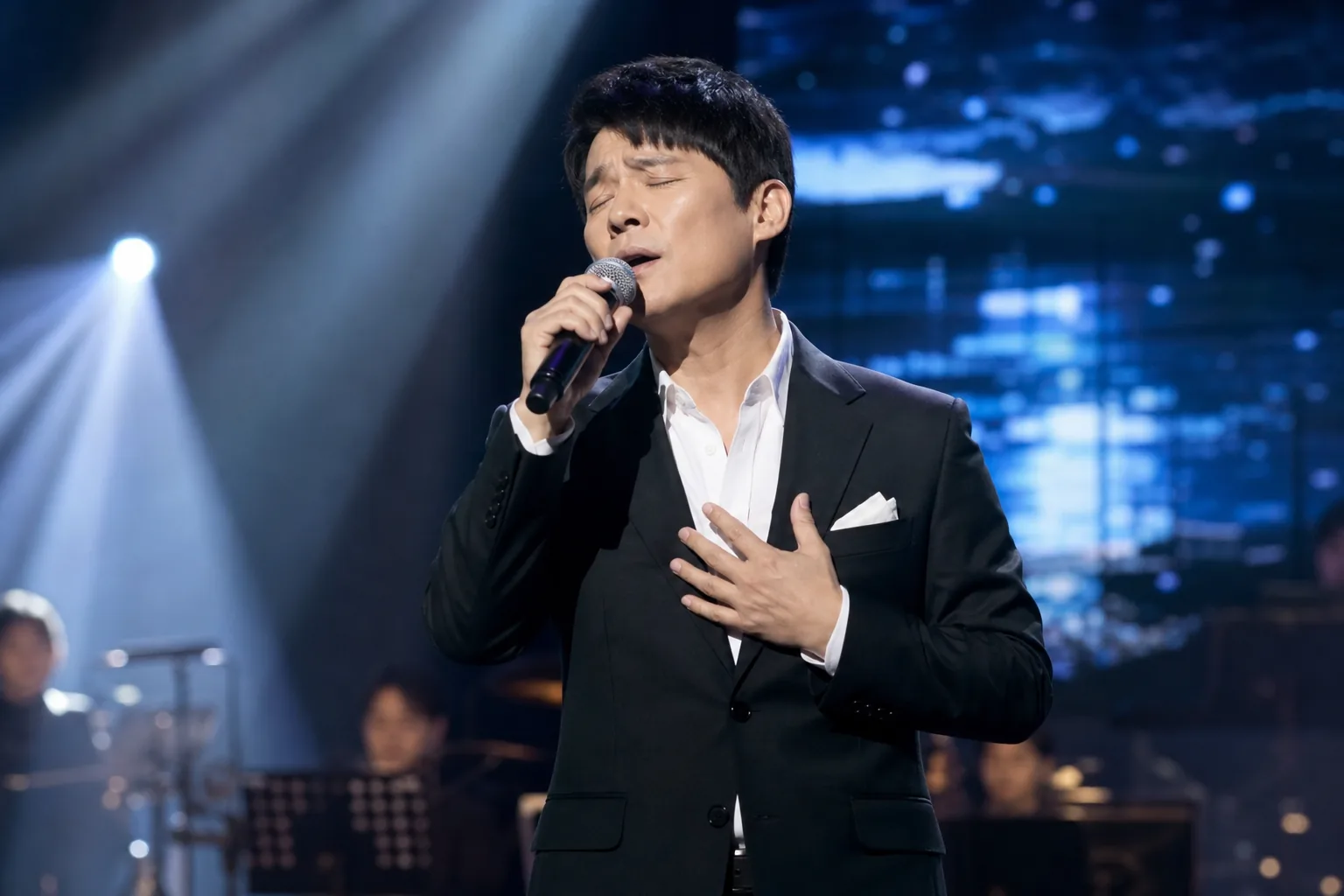 Korean ballad singer performing under concert lights during a reflective television segment