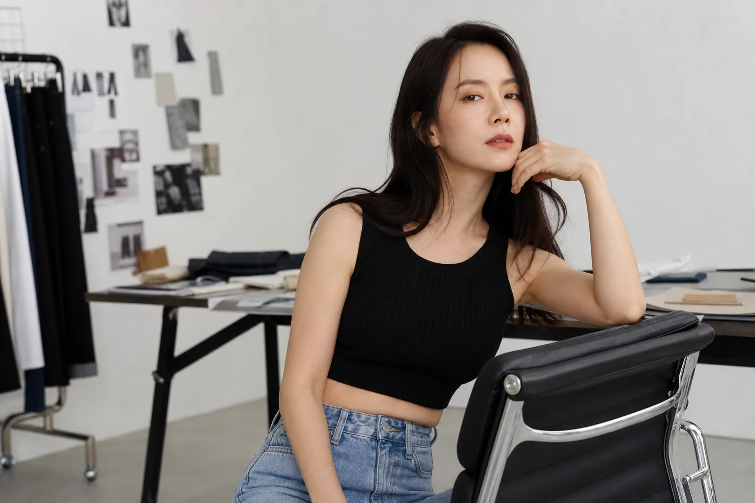 Fashion studio setup representing a celebrity-led innerwear and perfume brand campaign