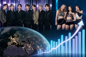 K-pop chart momentum represented by a modern music analytics display