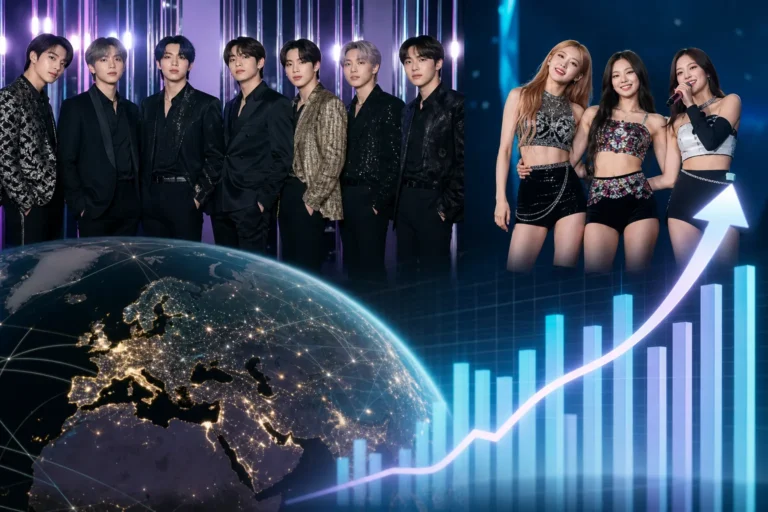K-pop chart momentum represented by a modern music analytics display