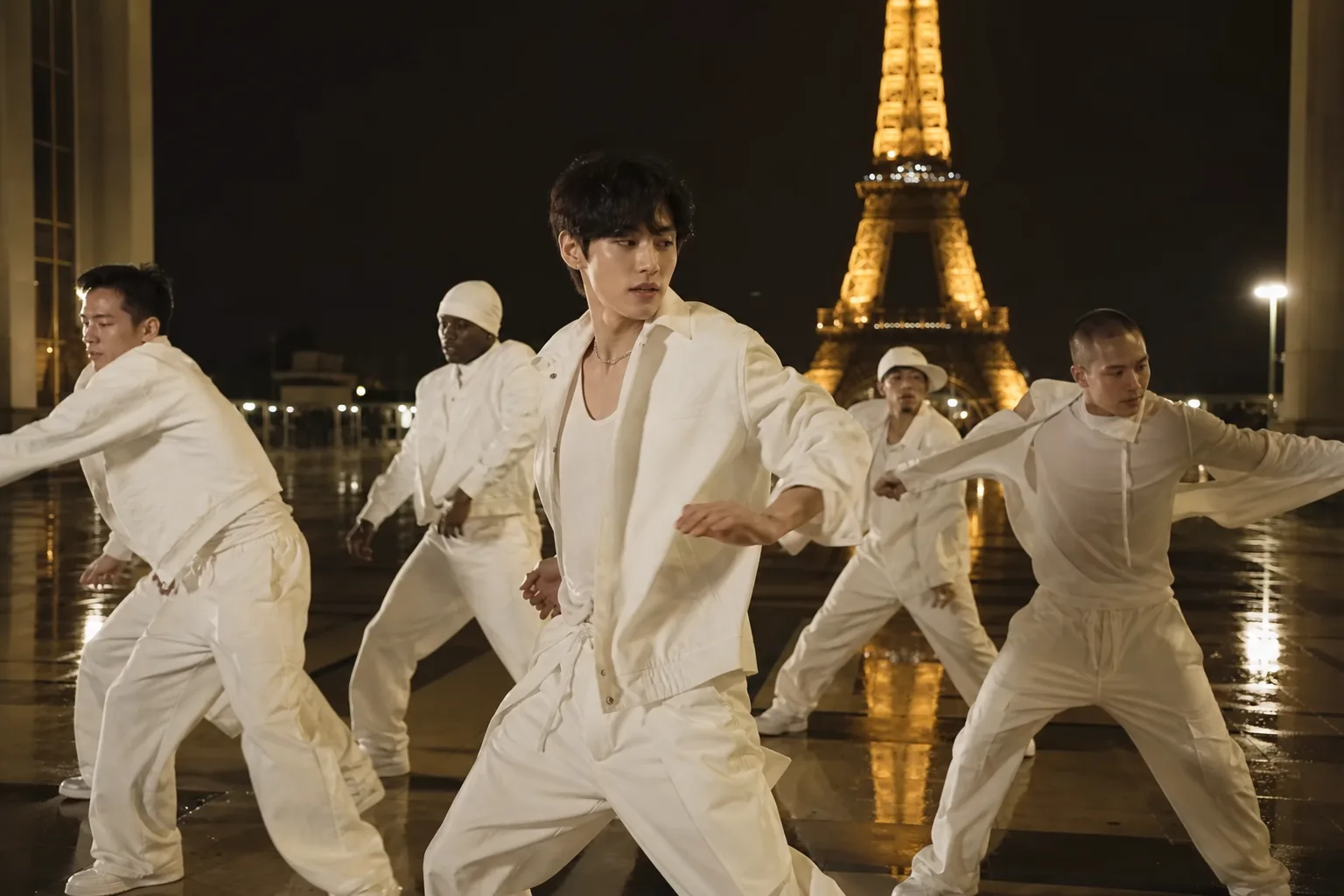 Cinematic K-pop dance rehearsal scene inspired by V's Paris TikTok clip