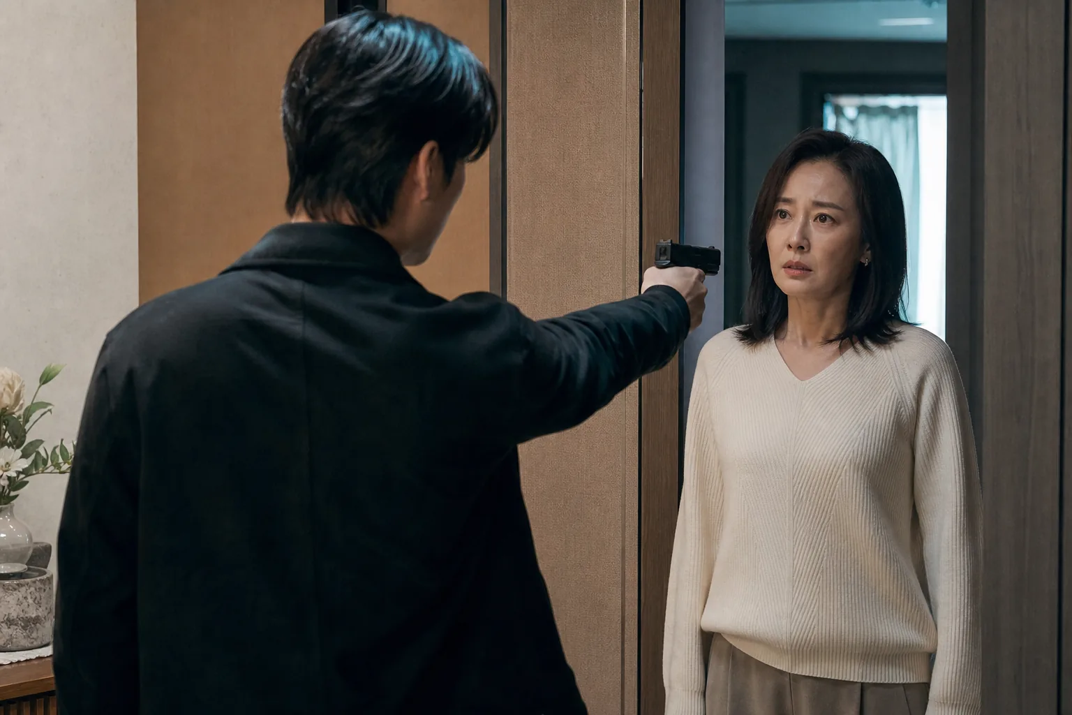 Suspenseful Korean drama interior confrontation with a mysterious woman