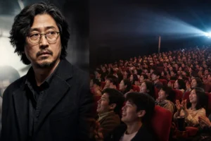 Movie theater audience watching a major Korean film release