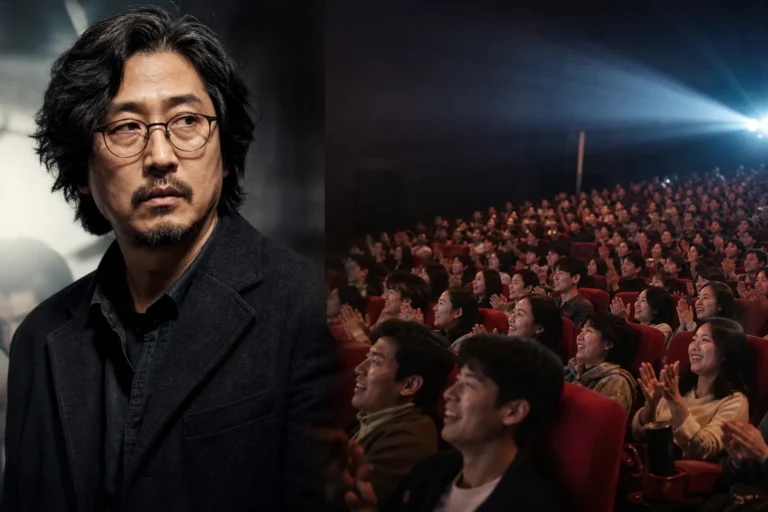 Movie theater audience watching a major Korean film release
