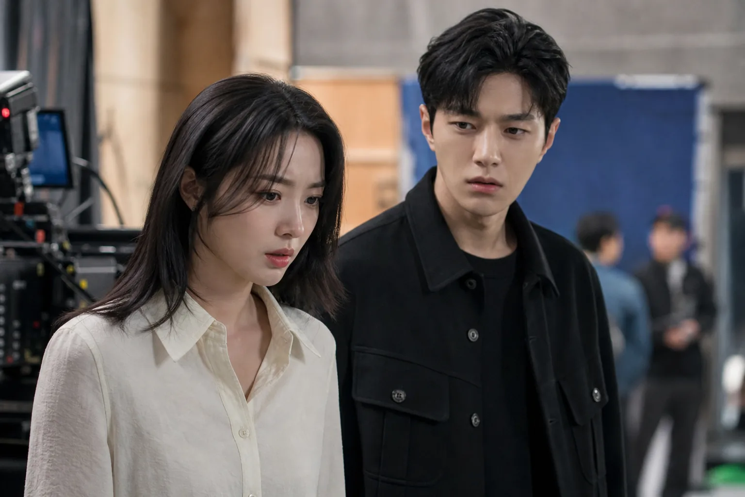 Actors on a Korean drama set reacting to an unexpected filming problem