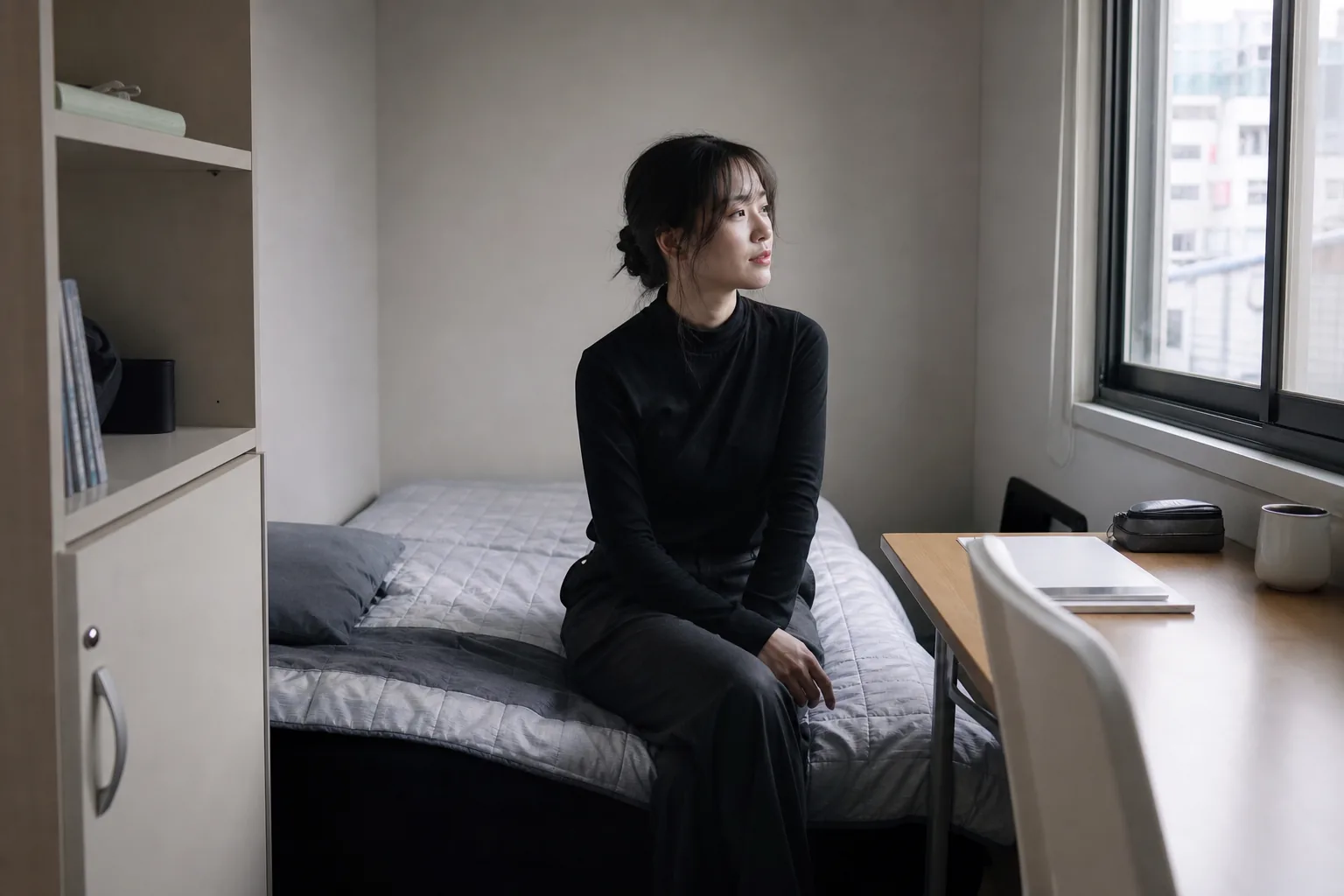 Minimal wardrobe and organized room reflecting Goo Hye Sun downsizing remarks