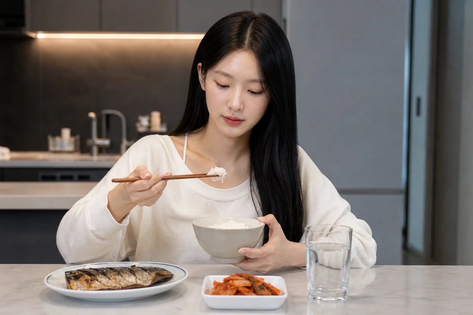 Healthy meal and wellness items representing Miyeon's updated daily routine