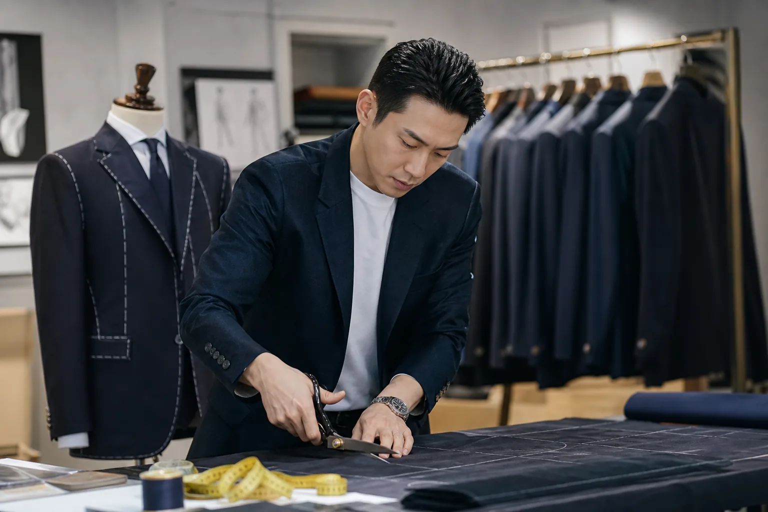 Modern Korean tailor shop and design workspace representing Kim Sanghyuk's off-stage ventures