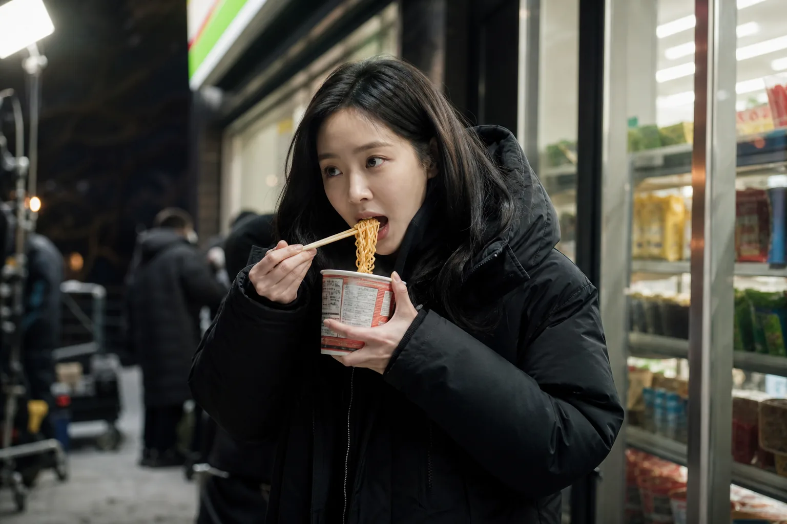 K-drama action filming and convenience store ramen context