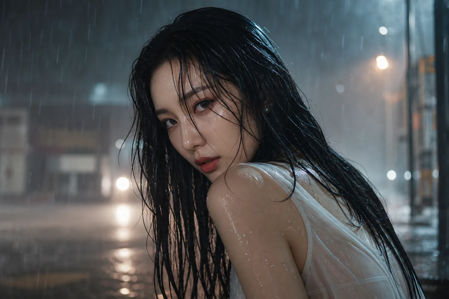 Rain-soaked summer street scene evoking Sunmi Forever July music video mood