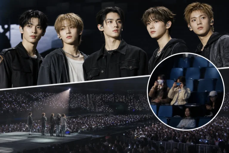 K-pop concert crowd under stage lights during a debated live performance