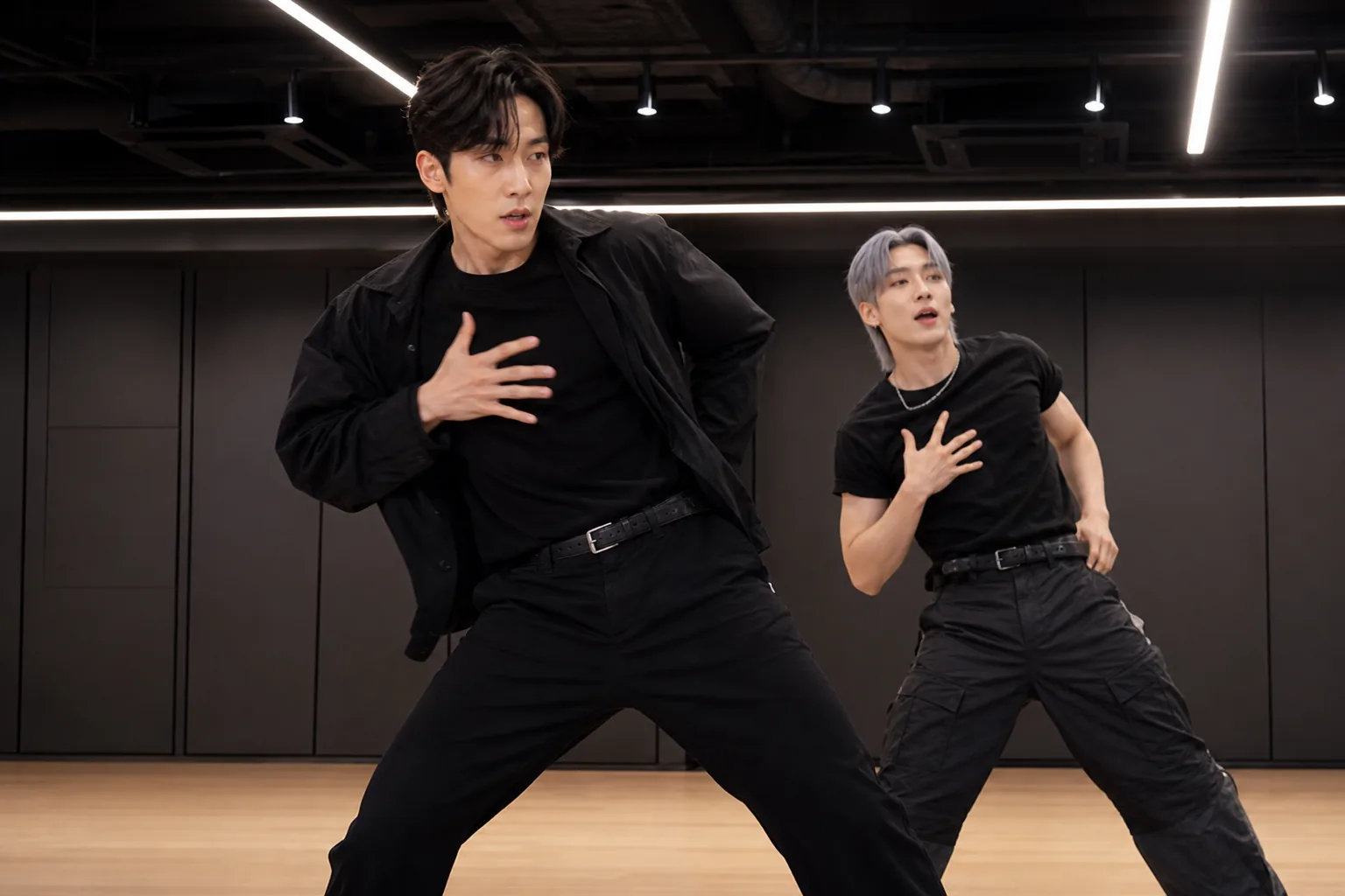 K-pop dance challenge rehearsal scene inspired by Lee Sang Yi and ATEEZ San