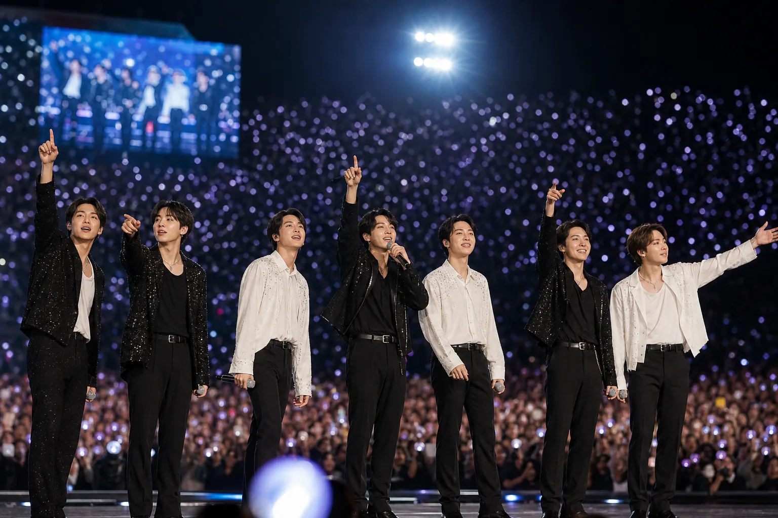 Large K-pop concert crowd at a European stadium during BTS tour coverage