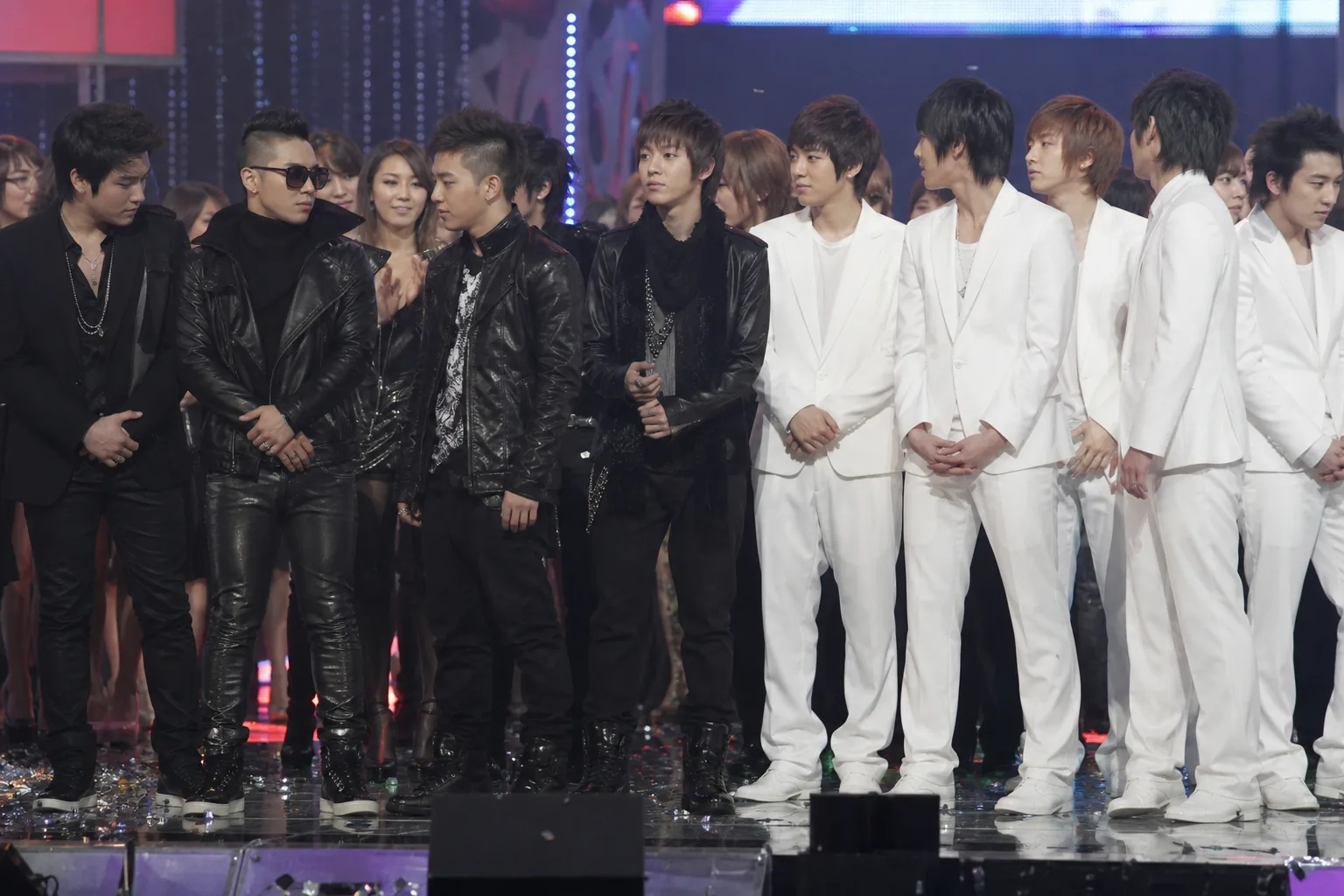 Backstage K-pop performers waiting before a televised music show ending stage