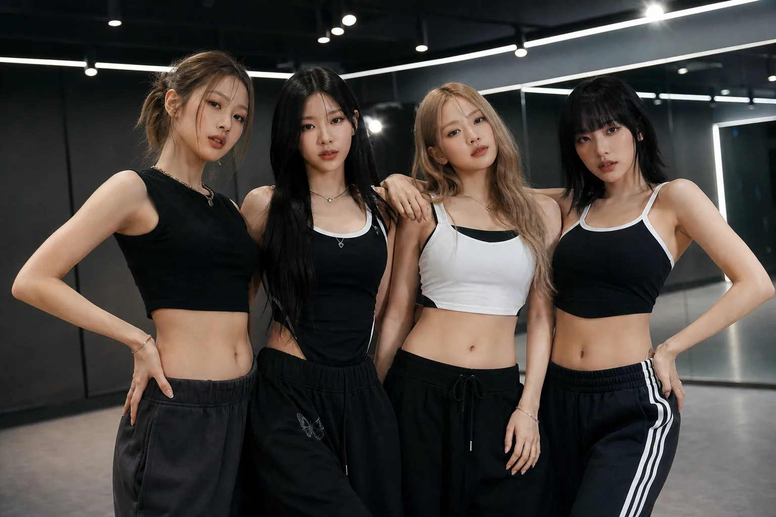 Modern K-pop release campaign with stage lights and digital screens
