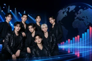 K-pop chart performance represented by a modern music ranking display