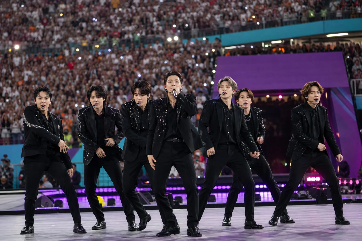 AI editorial image of a major stadium concert performance under bright lights