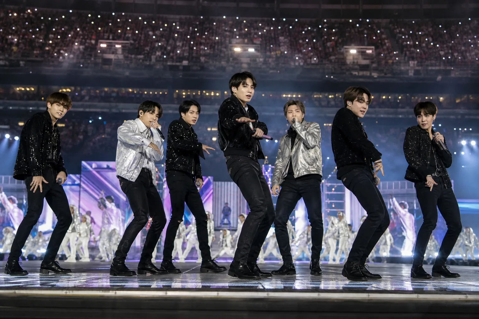 BTS performing during a major international stadium halftime show