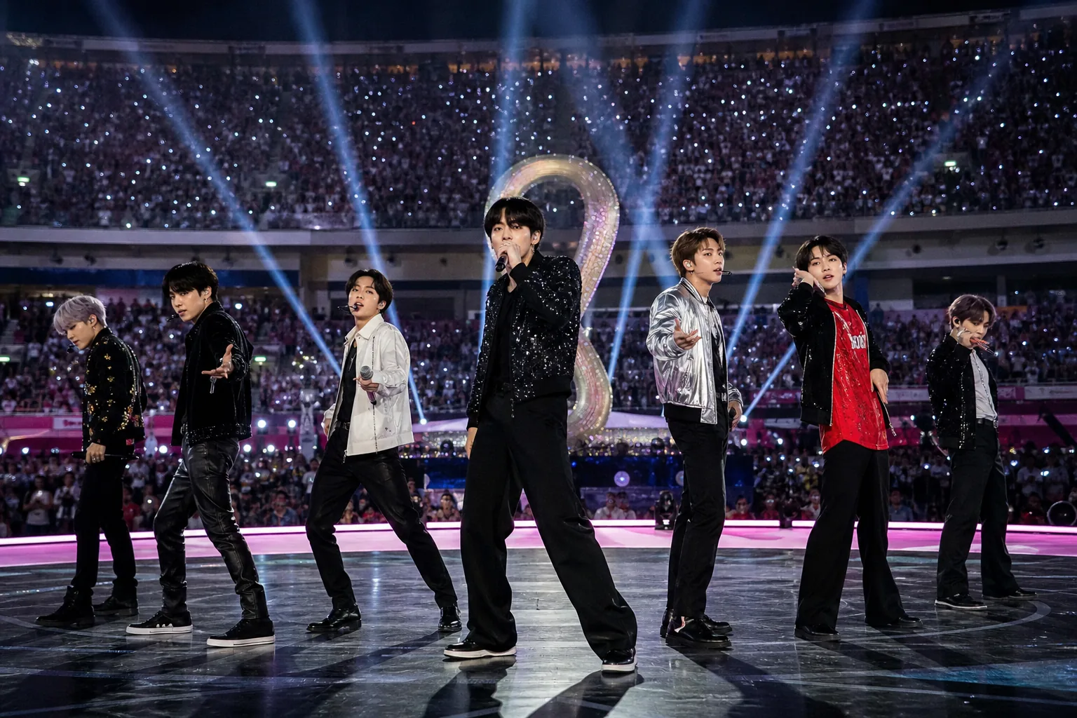 BTS performing Dynamite at a global stadium halftime show