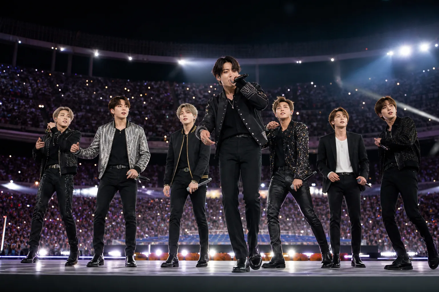 Global pop concert stage with K-pop influence at a football final