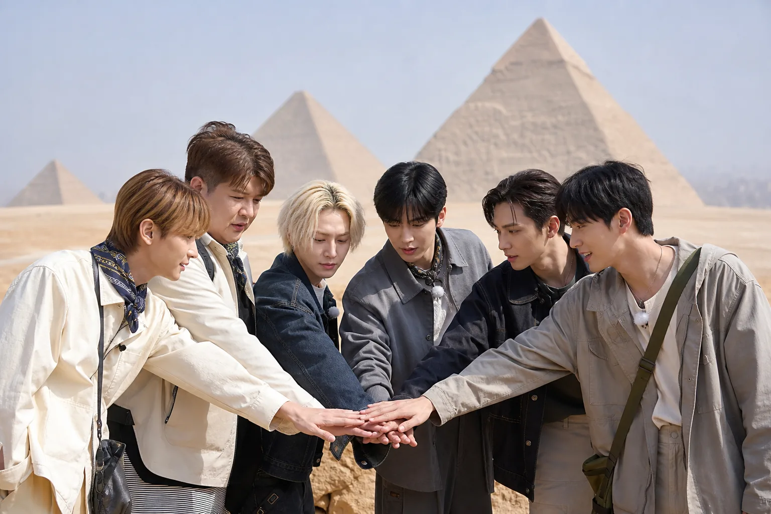 Contestants begin a travel variety mission near the pyramids in Egypt