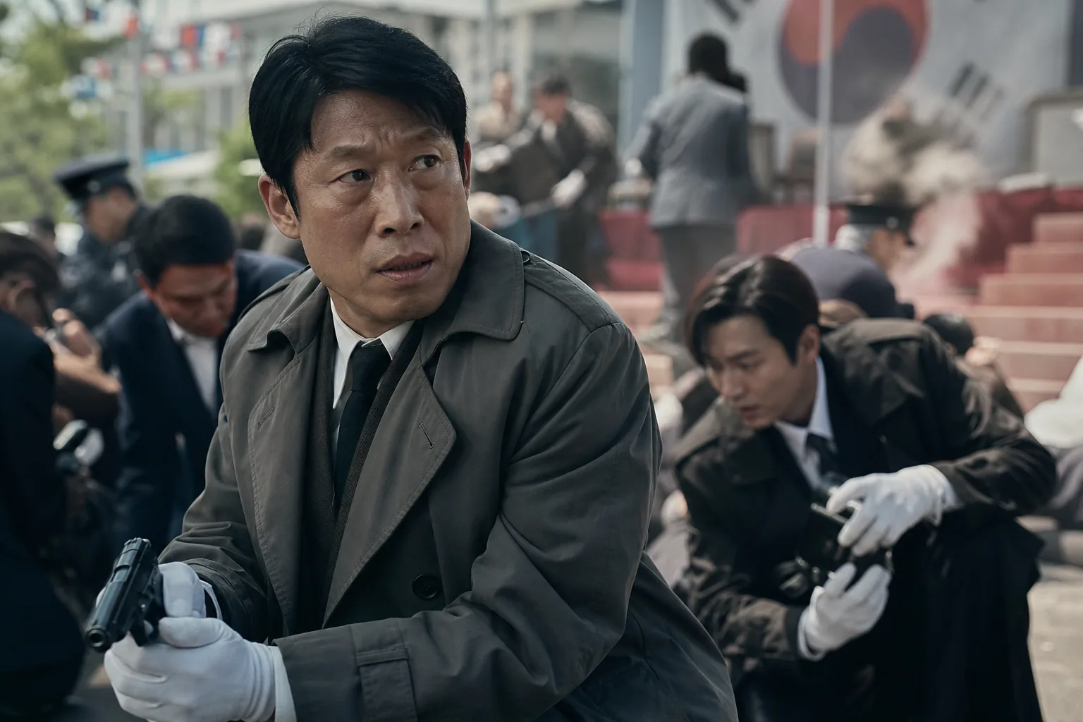 Investigators and journalists search for clues after a public shooting in Korean film Assassins