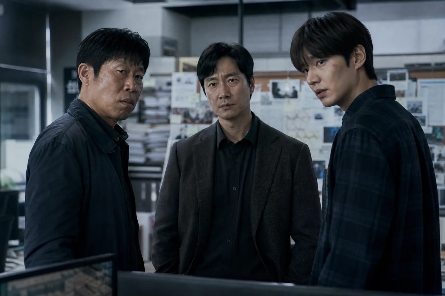 Korean newsroom and detective inquiry atmosphere tied to Assassins film teaser