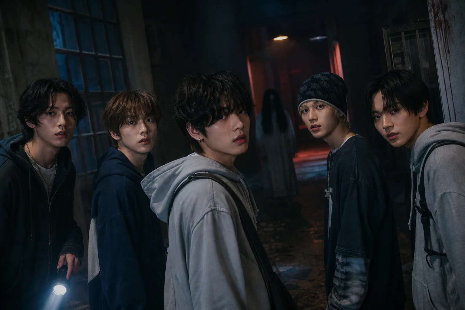 K-pop idols entering a suspenseful hide-and-seek variety show setting