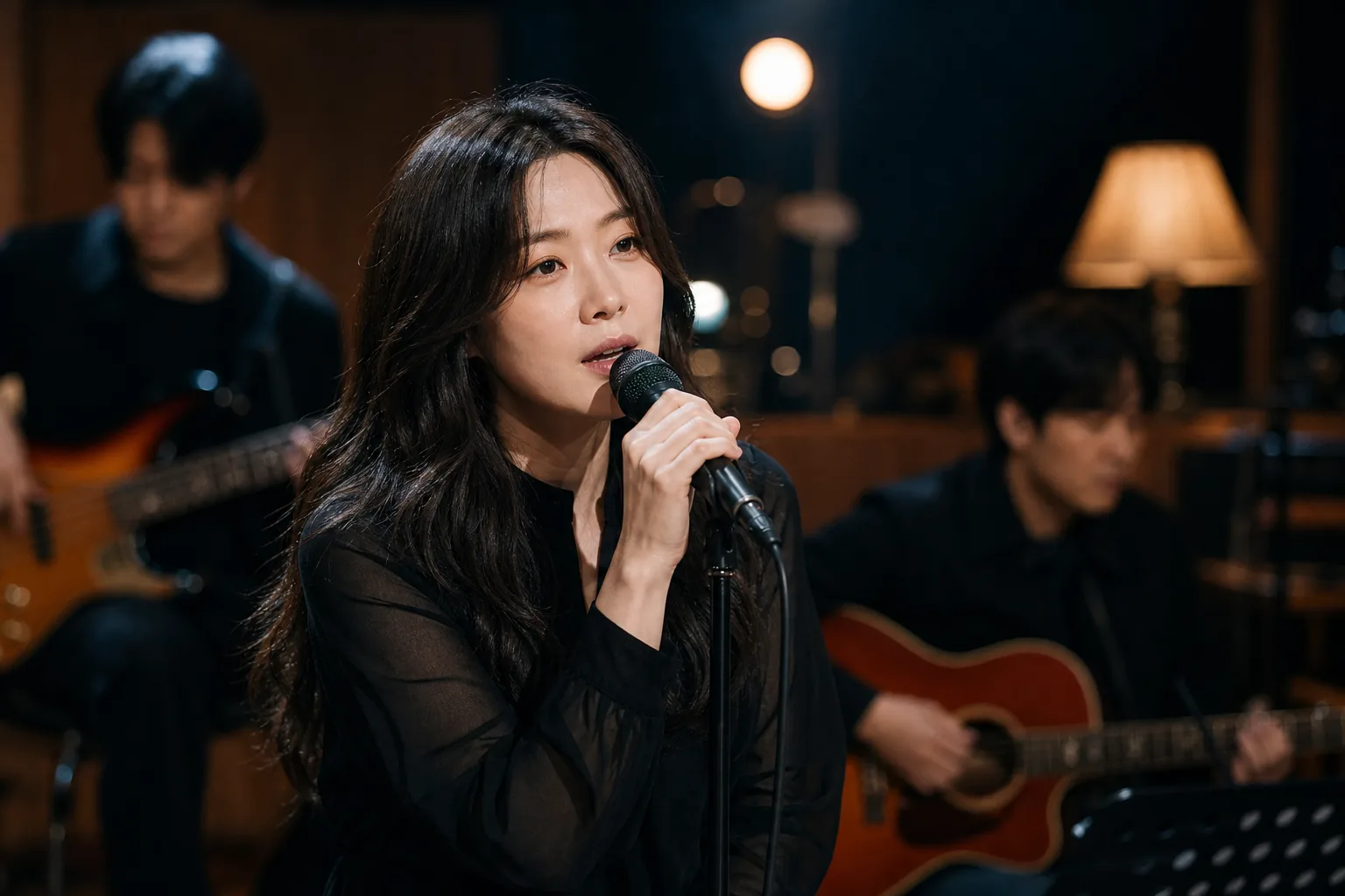 Lee Sora performing a new ballad on an intimate music show stage