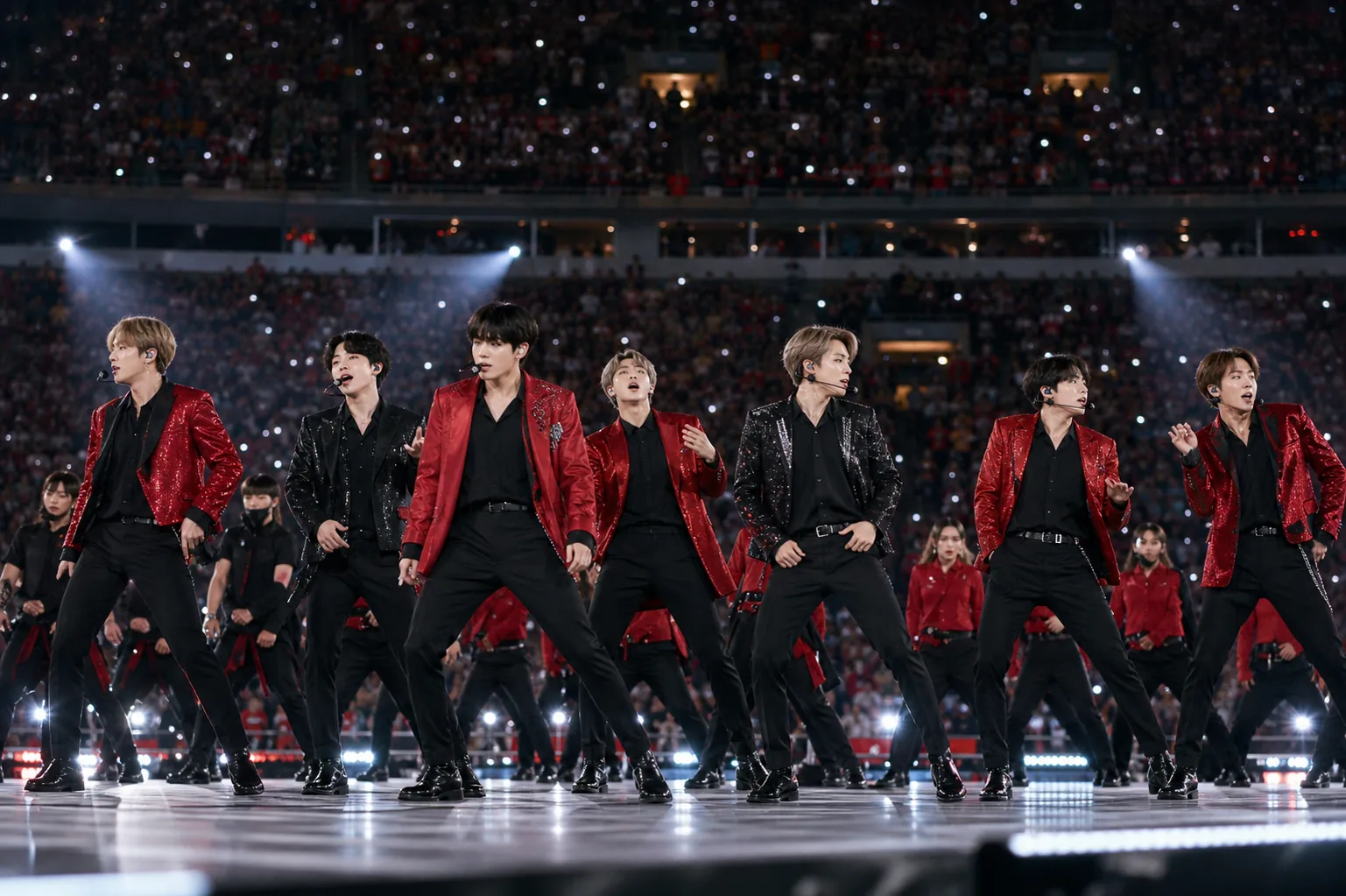 K-pop halftime stage with red and black styling inspired by BTS World Cup performance