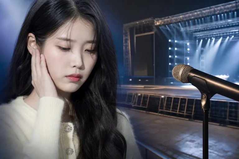 Concert microphone under stage lights representing IU schedule changes