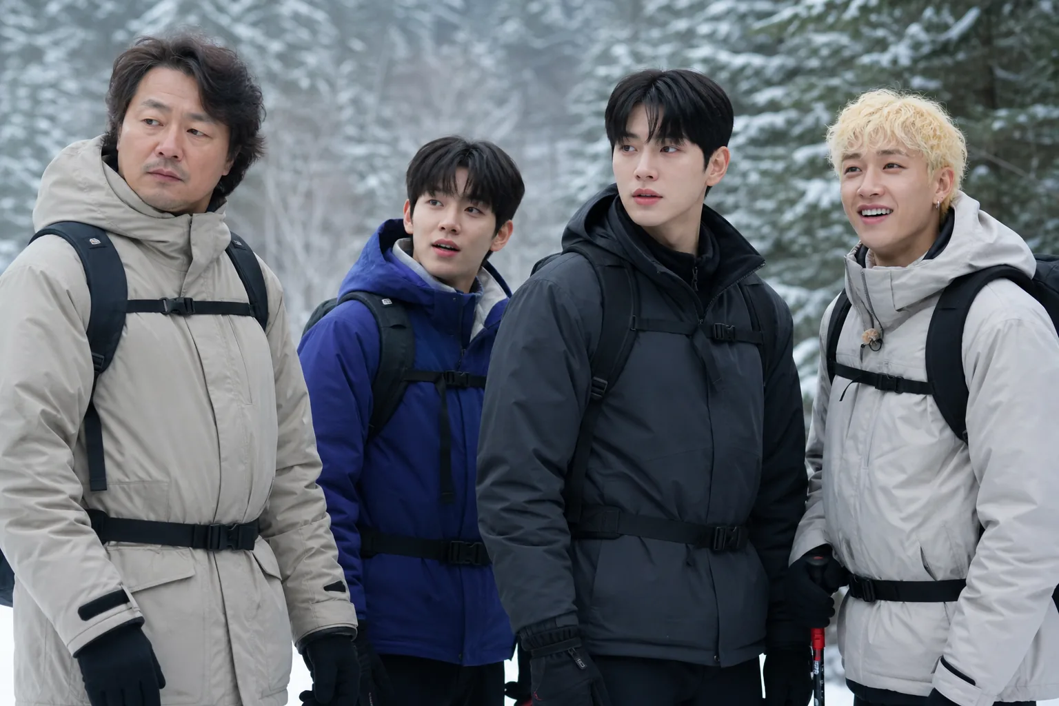 Korean entertainers preparing for a winter mountain hike