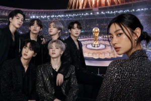 Korean pop culture World Cup stage spotlight with performers and ceremony atmosphere