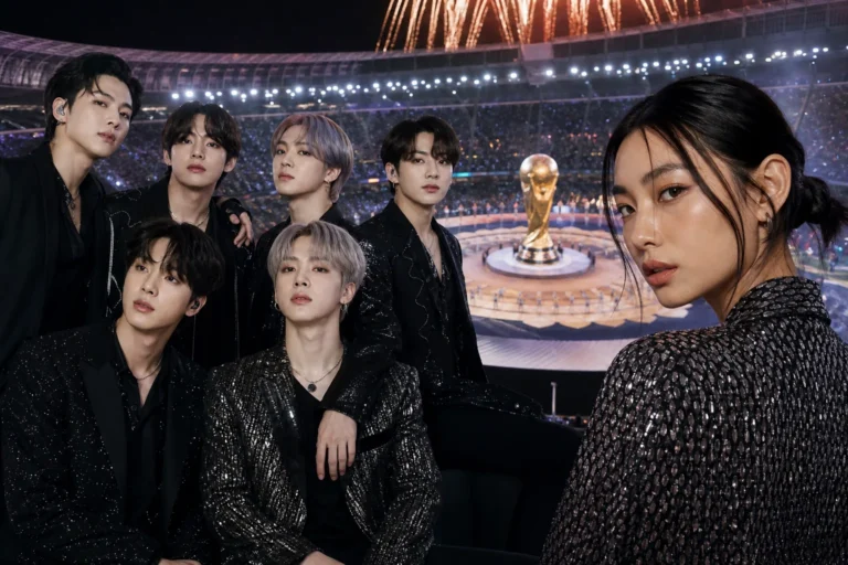 Korean pop culture World Cup stage spotlight with performers and ceremony atmosphere