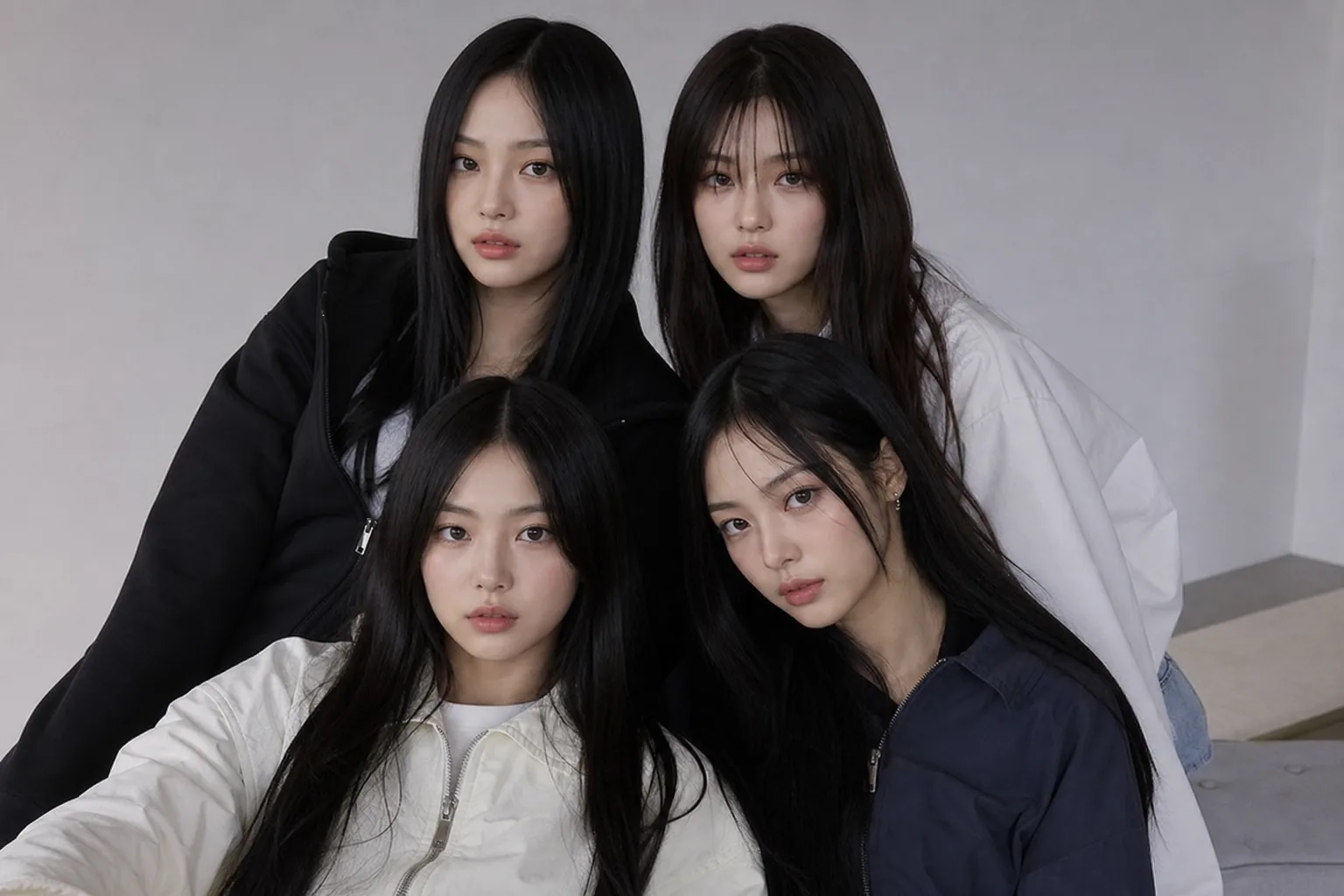 Four K-pop performers in a modern studio setting representing group photo controversy