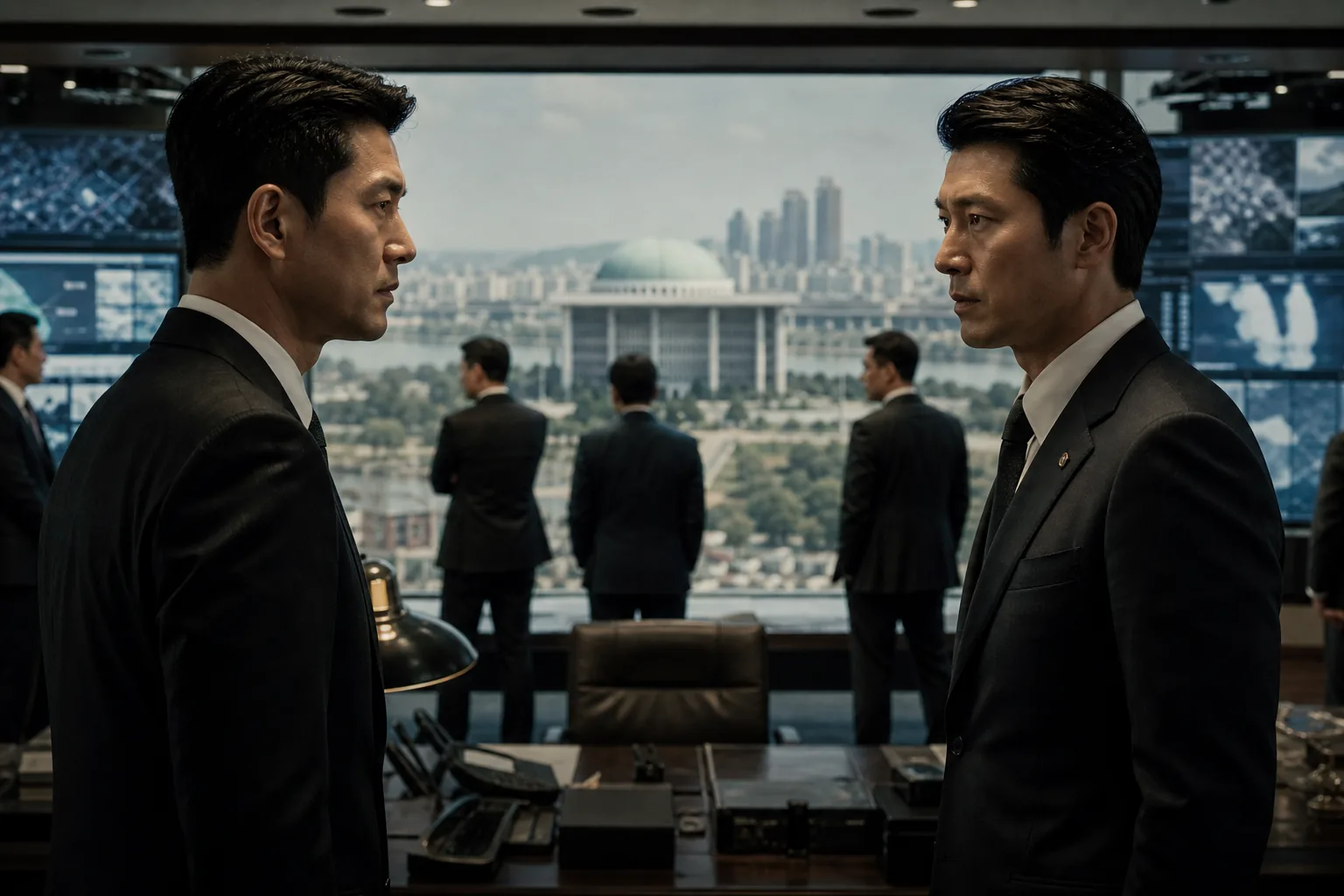 Tense confrontation scene symbolizing Hyun Bin and Jung Woo Sung's rematch