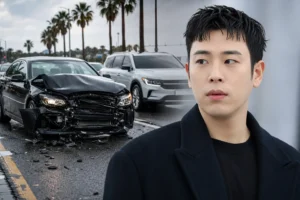 Editorial image of a quiet Jeju street after a minor traffic accident involving Block B P.O