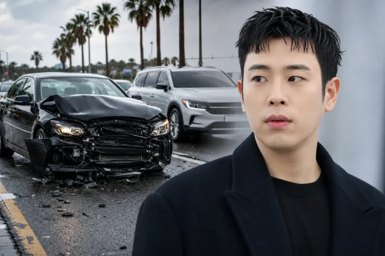 Editorial image of a quiet Jeju street after a minor traffic accident involving Block B P.O