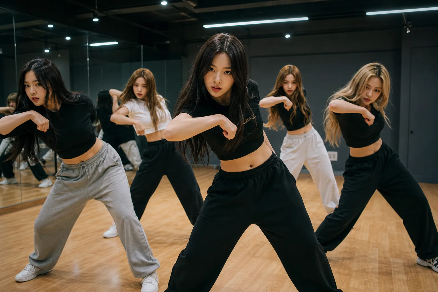 K-pop trainees practicing choreography in a modern studio