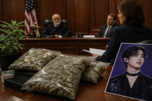 Courtroom evidence concept for Korean entertainment marijuana cultivation case