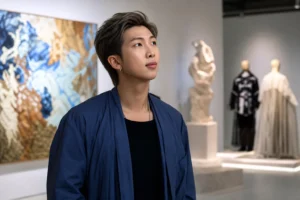 Editorial image of an art gallery symbolizing BTS RM discussing emotional reactions to art and fashion