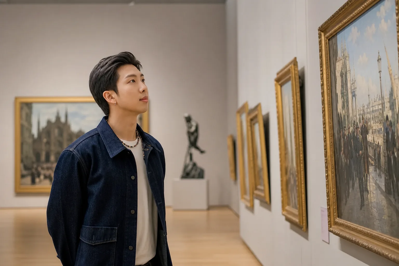 AI editorial image of a quiet gallery visitor reflecting on art and emotional response