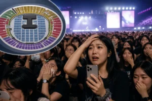 K-pop concert crowd with stage lights for Click-B reunion seating story
