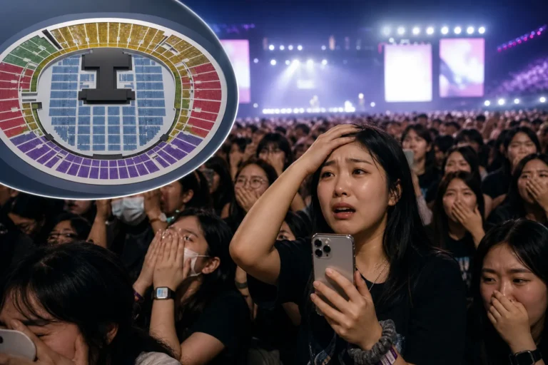 K-pop concert crowd with stage lights for Click-B reunion seating story