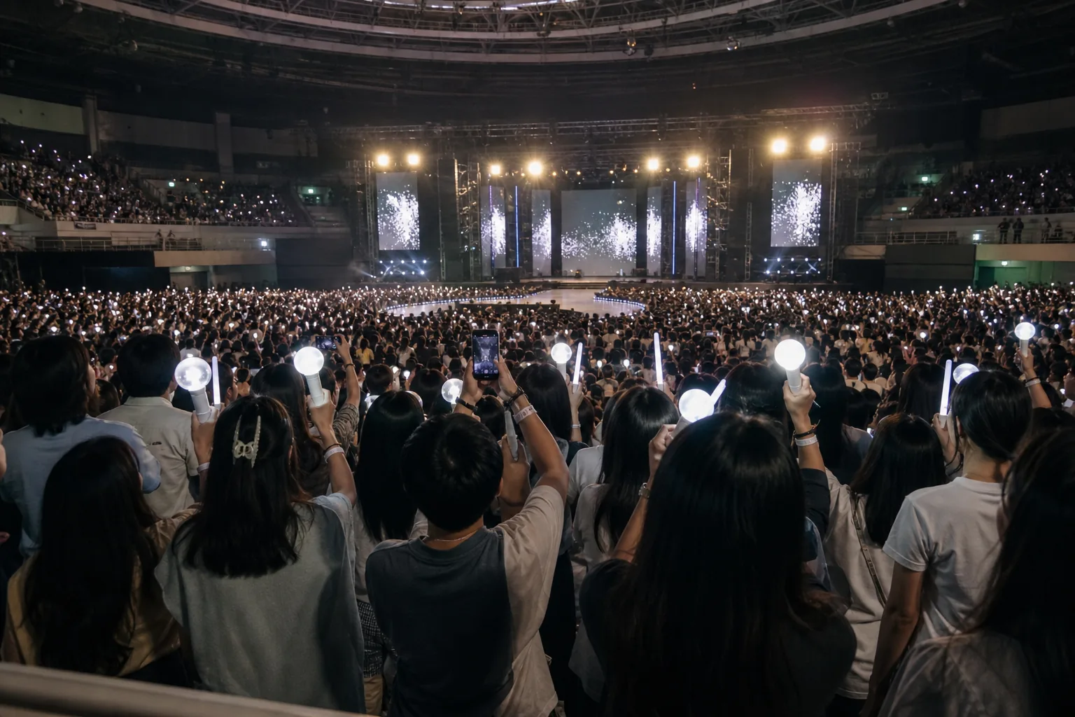 Veteran K-pop fans entering a Seoul concert venue for an anniversary performance