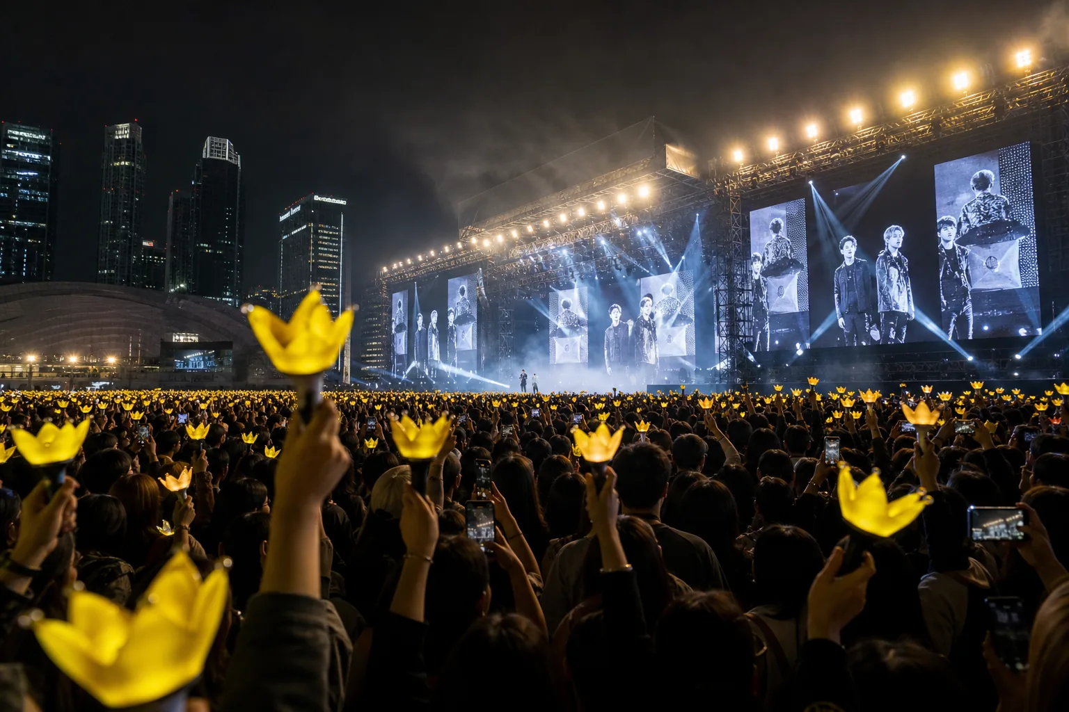 Big Bang world tour stage lights and international concert crowd