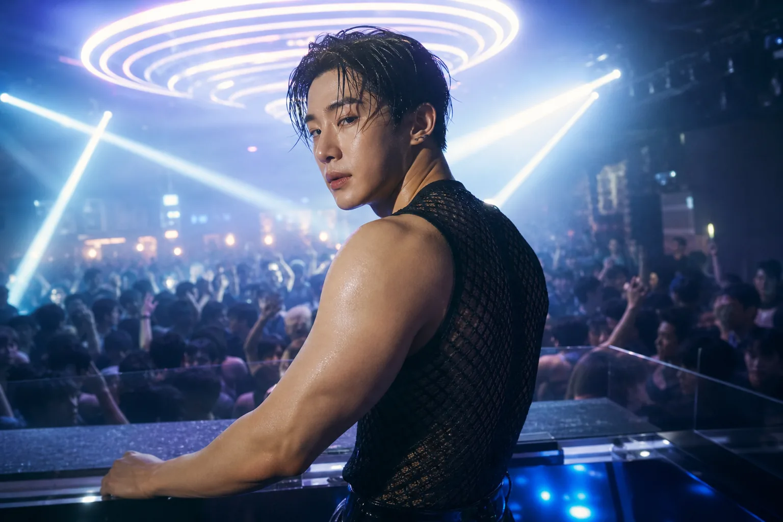 AI editorial image of a modern club stage evoking Wonho CORE dance-pop energy