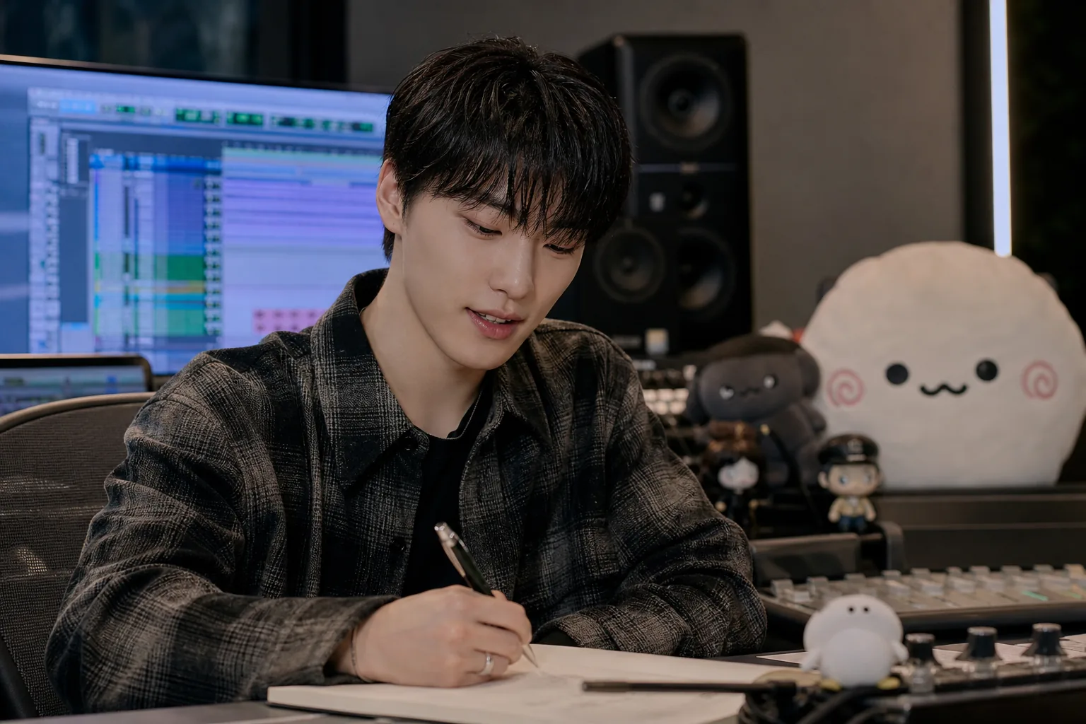 Editorial image of a K-pop artist developing a solo alter ego concept in a recording studio