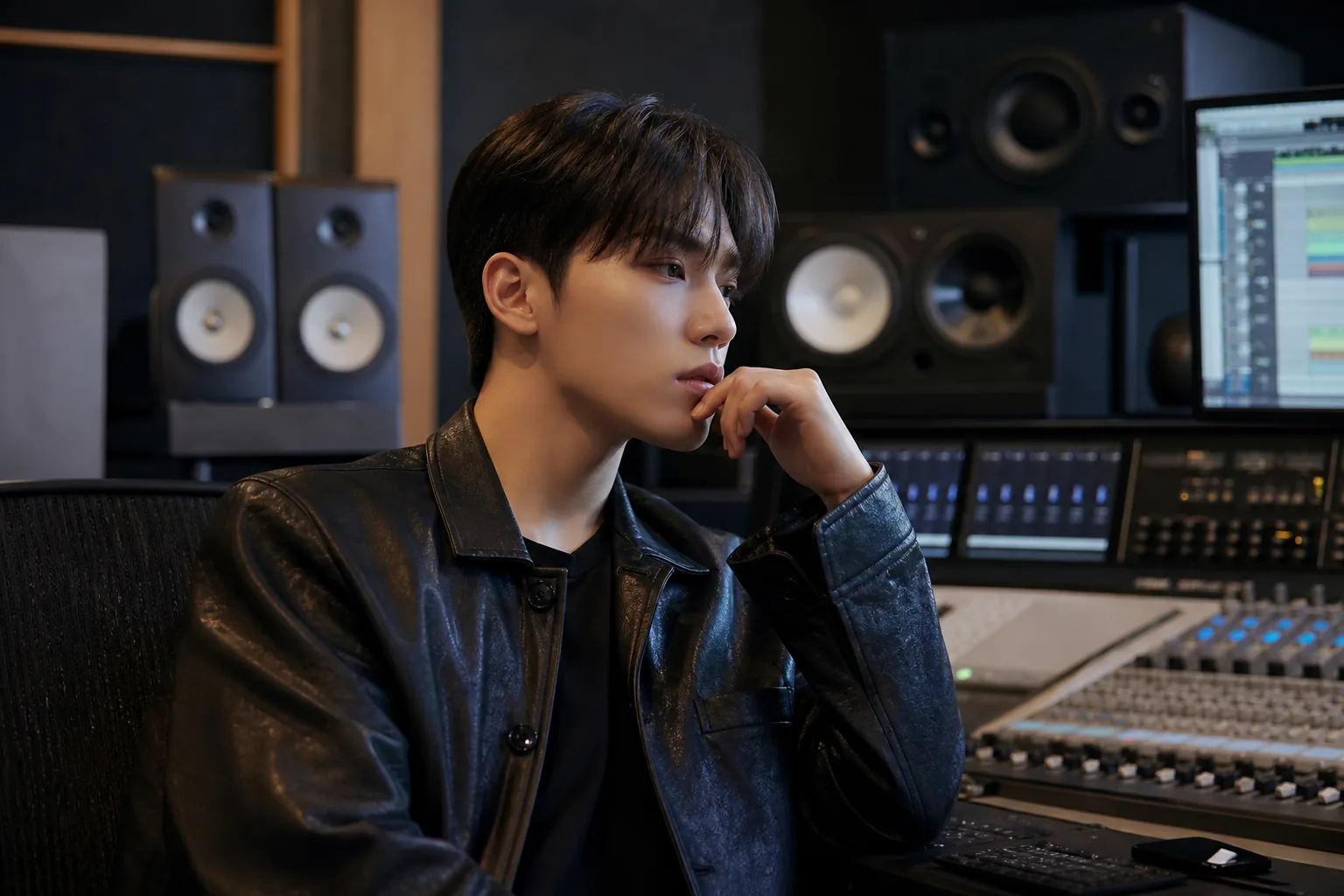 Editorial image of a modern K-pop album rollout with energetic stage and studio elements