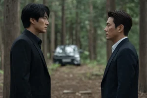 Tense forest showdown scene inspired by Agent Kim Reactivated finale preview
